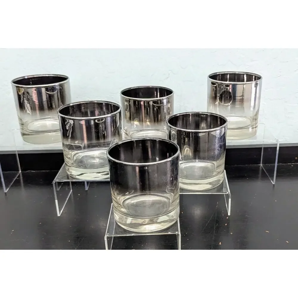 MCM Barware Glass with Caddy set of 6 clear silver 8 oz Dorothy Thorpe Madmen